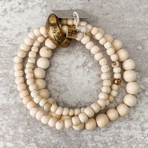 NWT Stone+Stick by Lenny & Eva Wood Bead & Brass Bangle Bracelet Set Ivory